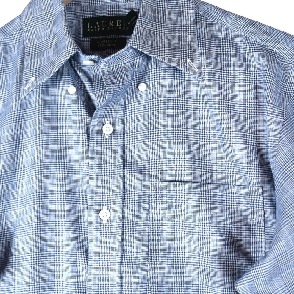Ralph Lauren Plaid Shirt Classic Fit Non-Iron 14.5  32/33 Blue Windowpane Preppy